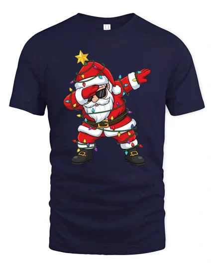 Dabbing Santa Christmas Lights Funny Holiday Party Tee - navy t-shirt on white background