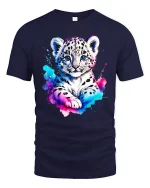 Cute Snow Leopard Cub Art Tee with Color Splash Design - navy t-shirt on white background