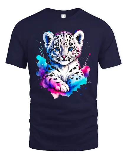 Cute Snow Leopard Cub Art Tee with Color Splash Design - navy t-shirt on white background