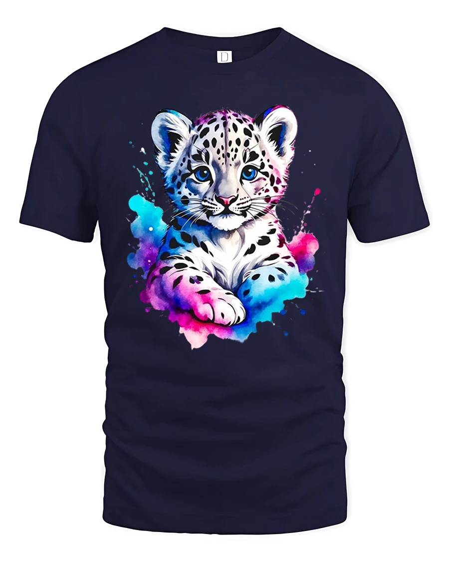 Cute Snow Leopard Cub Art Tee with Color Splash Design - 1 Cute Snow Leopard Cub Art Tee with Color Splash Design - navy t-shirt on white background