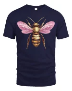 Pink Winged Golden Bee Art Tee for Nature Lovers - navy t-shirt on white background