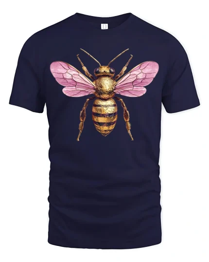 Pink Winged Golden Bee Art Tee for Nature Lovers - navy t-shirt on white background