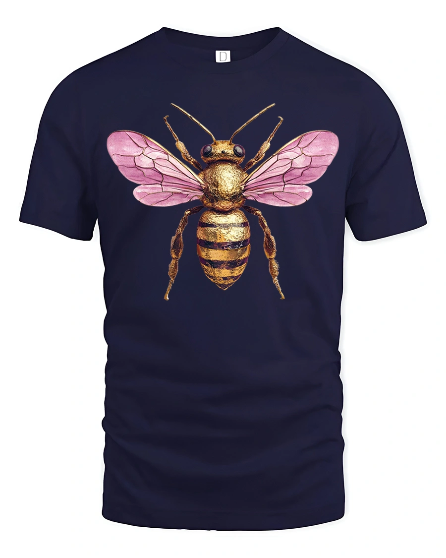 Pink Winged Golden Bee Art Tee for Nature Lovers - 1 Pink Winged Golden Bee Art Tee for Nature Lovers - navy t-shirt on white background