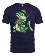 Cute Fisher Fish Cartoon Tee with Vest, Hat and Funny Adventure Style - navy t-shirt on white background