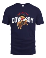 Cute American Cowboy Bear Tee Riding Horse in Fun Western Style - navy t-shirt on white background