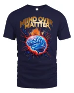 Mind Over Matter Motivation Tee with Exploding Brain Graphic Art - navy t-shirt on white background