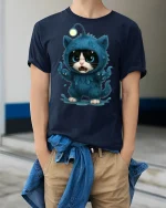 Cute Angry Monster Cat Graphic Tee with Blue Furry Creature Art - model wearing navy tee with hands in pockets