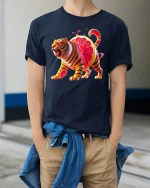 Ferocious Citrus Tiger Tee with Vibrant Grapefruit Art Print - model wearing navy tee with hands in pockets