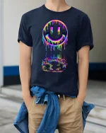 Neon Drip Smiley Tee - Vibrant Melted Rainbow Streetwear - model wearing navy tee with hands in pockets