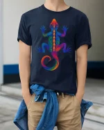 Vibrant Rainbow Gecko Art Tee for Lizard Lovers and Trend Fans - model wearing navy tee with hands in pockets