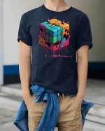 Melting Neon Cube Tee - Dripping Retro Puzzle Art T-Shirt - model wearing navy tee with hands in pockets