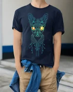 Cyber Circuit Cat Glow Tee for Sci-Fi Fans and Tech Lovers - model wearing navy tee with hands in pockets