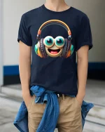 Cute Smiley Headphone Graphic Tee with Big Eyes and Fun Music Vibes - model wearing navy tee with hands in pockets