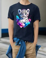 Cute Snow Leopard Cub Art Tee with Color Splash Design - model wearing navy tee with hands in pockets