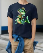 Cute Fisher Fish Cartoon Tee with Vest, Hat and Funny Adventure Style - model wearing navy tee with hands in pockets