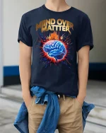 Mind Over Matter Motivation Tee with Exploding Brain Graphic Art - model wearing navy tee with hands in pockets