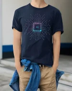 AI Circuit Power Tee - Futuristic Tech Chip Design T-Shirt - model wearing navy tee with hands in pockets