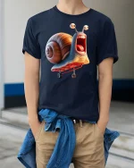 Turbo Snail Skateboarding Tee - Funny Cartoon Speed T-Shirt - model wearing navy tee with hands in pockets