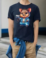 Cute Photographer Animal Tee with Camera and Denim Outfit Design - model wearing navy tee with hands in pockets