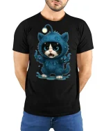Cute Angry Monster Cat Graphic Tee with Blue Furry Creature Art - model wearing black tee with hands behind back