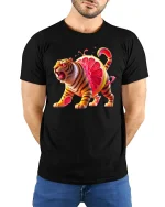 Ferocious Citrus Tiger Tee with Vibrant Grapefruit Art Print - model wearing black tee with hands behind back