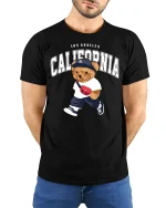 California Bear Street Style Tee for Trendy LA Fashion Lovers - model wearing black tee with hands behind back