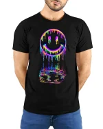Neon Drip Smiley Tee - Vibrant Melted Rainbow Streetwear - model wearing black tee with hands behind back