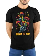 Psychedelic Mushroom Skeleton Hand Tee for Trippy Style Lovers - model wearing black tee with hands behind back