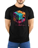 Melting Neon Cube Tee - Dripping Retro Puzzle Art T-Shirt - model wearing black tee with hands behind back