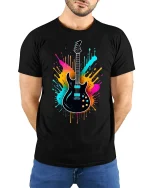 Vibrant Electric Guitar Splash Art Tee for Music Lovers - model wearing black tee with hands behind back