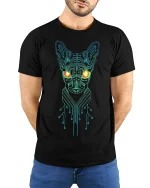 Cyber Circuit Cat Glow Tee for Sci-Fi Fans and Tech Lovers - model wearing black tee with hands behind back