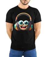 Cute Smiley Headphone Graphic Tee with Big Eyes and Fun Music Vibes - model wearing black tee with hands behind back