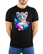 Cute Snow Leopard Cub Art Tee with Color Splash Design - model wearing black tee with hands behind back