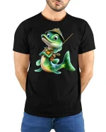Cute Fisher Fish Cartoon Tee with Vest, Hat and Funny Adventure Style - model wearing black tee with hands behind back