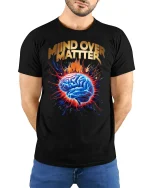 Mind Over Matter Motivation Tee with Exploding Brain Graphic Art - model wearing black tee with hands behind back