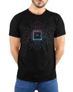 AI Circuit Power Tee - Futuristic Tech Chip Design T-Shirt - model wearing black tee with hands behind back