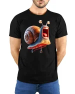 Turbo Snail Skateboarding Tee - Funny Cartoon Speed T-Shirt - model wearing black tee with hands behind back