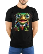 Funny Turtle Business Tee with Cute Office Cartoon Design - model wearing black tee with hands behind back