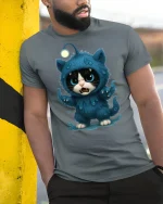 Cute Angry Monster Cat Graphic Tee with Blue Furry Creature Art - model wearing grey tee, leaning on column