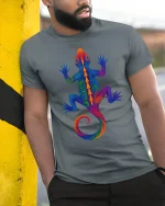 Vibrant Rainbow Gecko Art Tee for Lizard Lovers and Trend Fans - model wearing grey tee, leaning on column