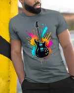 Vibrant Electric Guitar Splash Art Tee for Music Lovers - model wearing grey tee, leaning on column