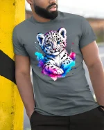Cute Snow Leopard Cub Art Tee with Color Splash Design - model wearing grey tee, leaning on column