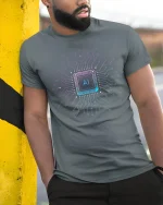 AI Circuit Power Tee - Futuristic Tech Chip Design T-Shirt - model wearing grey tee, leaning on column