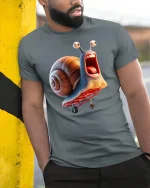 Turbo Snail Skateboarding Tee - Funny Cartoon Speed T-Shirt - model wearing grey tee, leaning on column
