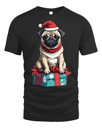 Cute Christmas Pug Gift Box Tee Funny Holiday Dog T Shirt - black t-shirt on white background