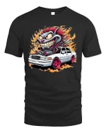 Crazy Hot Rod Creature Tee Wild Muscle Car Flames Tshirt - black t-shirt on white background