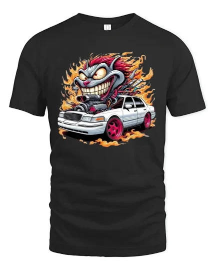 Crazy Hot Rod Creature Tee Wild Muscle Car Flames Tshirt - black t-shirt on white background