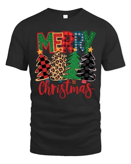 Merry Christmas Trees Tee Colorful Plaid Leopard Holiday Tshirt - black t-shirt on white background