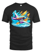 Colorful Jet Airplane Tee Vibrant Plane Over Waves Tshirt - black t-shirt on white background