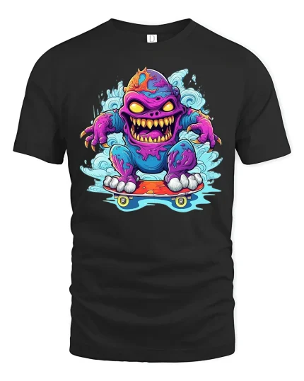 Crazy Skate Monster Tee Colorful Skater Creature Tshirt - black t-shirt on white background